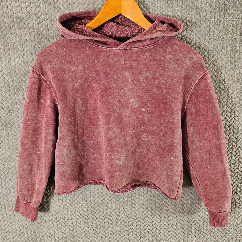 Art Class Girls Large 10/12 Acid Wash Cropped Hoodie Burgundy Raw Hem Sweatshirt - Picture 2 of 6